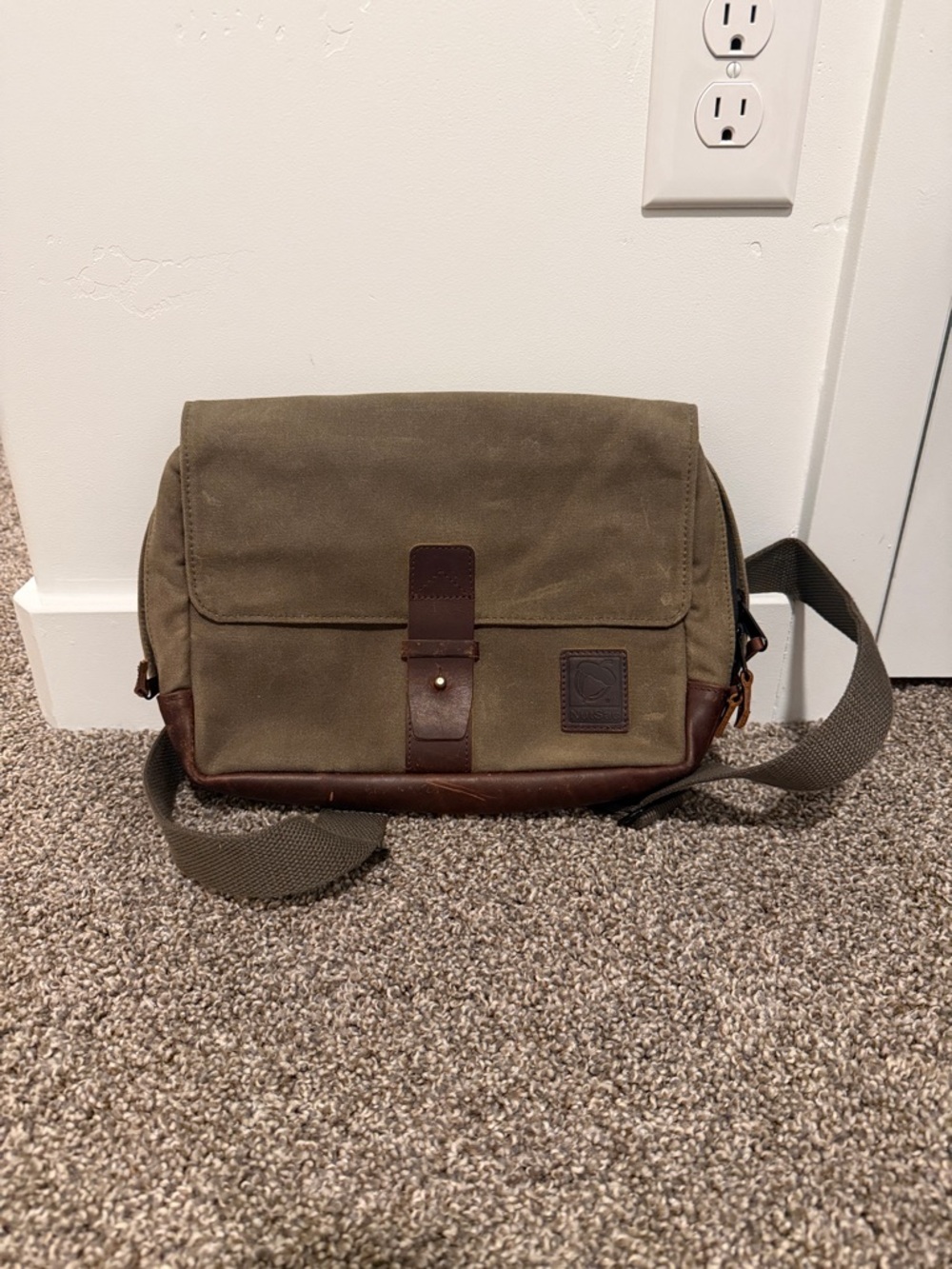 Men's Olive Canvas Messenger Bag with Brown Leather Trim